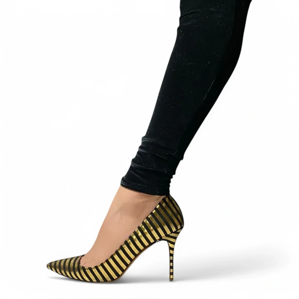 J.Crew Gold & Black Striped Heels - Size 8.5 - Picture 2 of 4